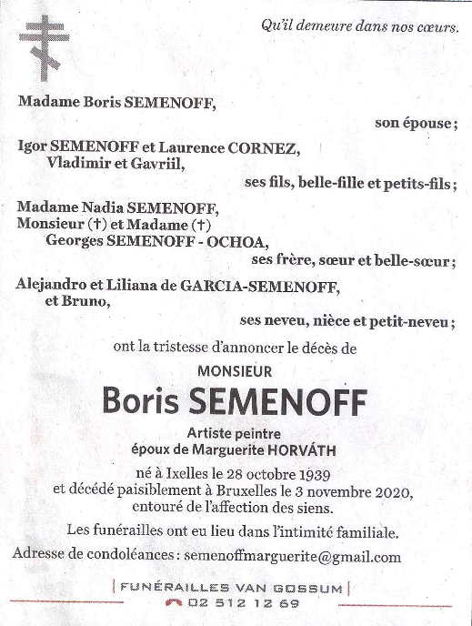 Faire-part. Boris Semenoff est décédé. Qu'il demeure dans nos cœurs. 2020-11-03